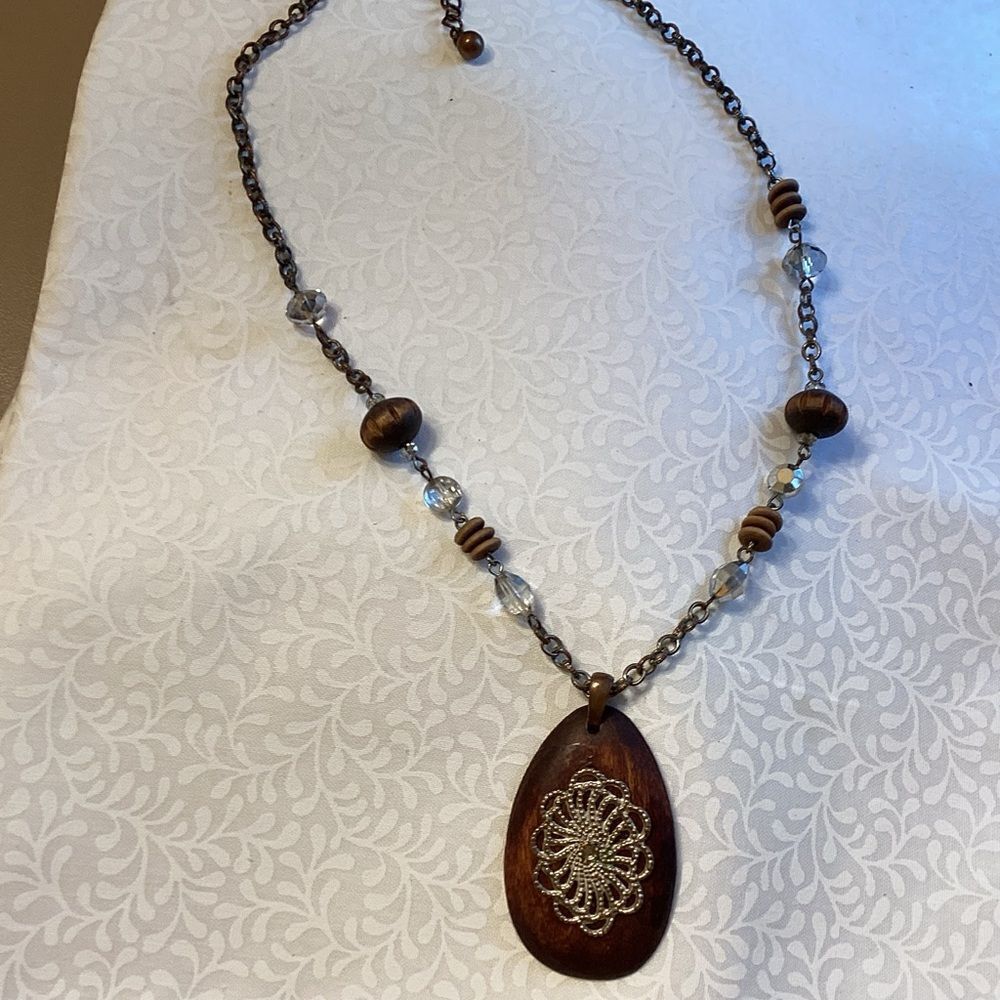 Elegant Wooden Pendant Necklace w/Silver Accents on Coppertone Adjustable Chain